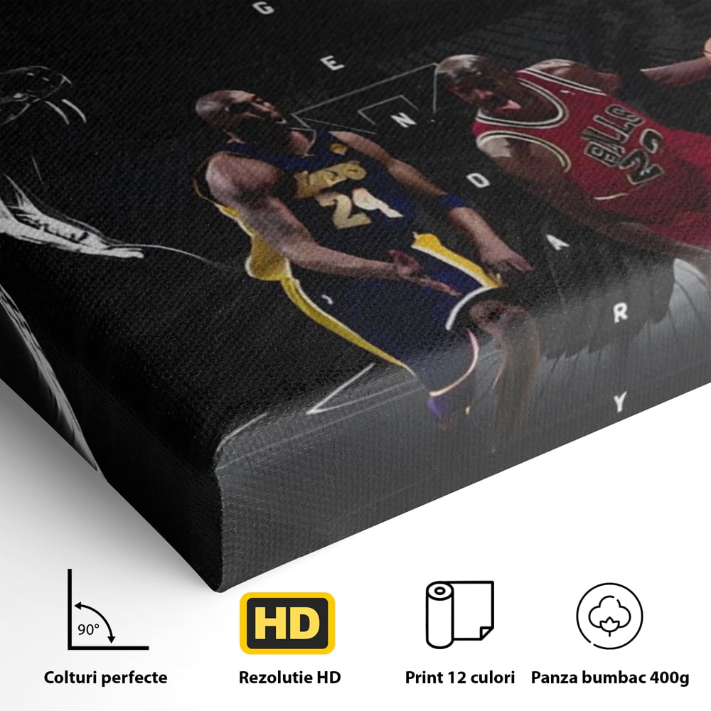 Detaliu al suprafetei: tablou canvas cu michael jordan si kobe bryant, fara rama, pe sasiu de lemn